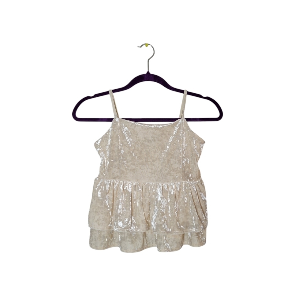 American‎ Eagle Velvet Babydoll Top S Cream Cropped Smocked Boho Fairy Ruffle